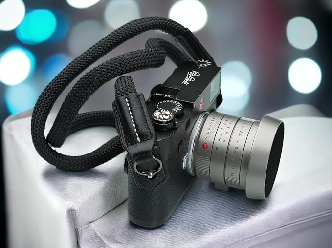 Vi Vante Sheetline Black Rope Camera Strap w/Nappa Leather Ends built in tension relief & electroplated key rings (Black w/White Stitching)