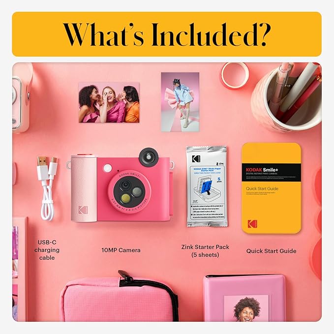 Kodak Smile+ 2-in-1 Digital Instant Print Camera & Wireless Bluetooth Photo Printer - 10MP, Special-Effect Rotating Lens, Zink 2x3” Sticky-Back Photos, Print via Fun App from Smart Devices - Fuchsia