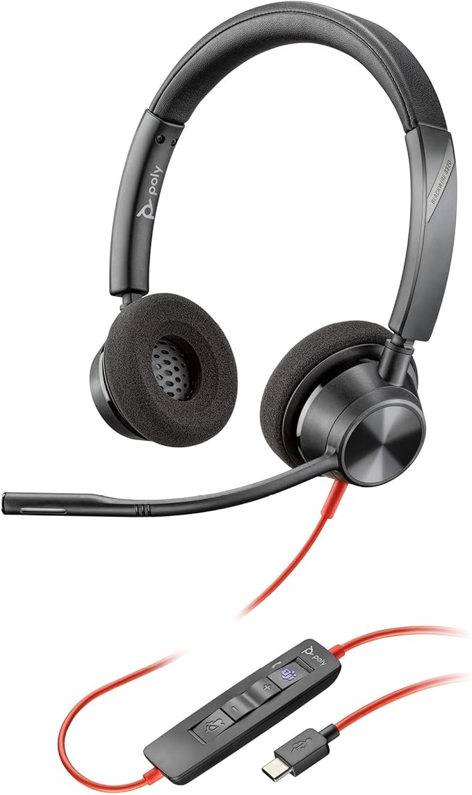 Poly Blackwire 3320 Wired Headset (Plantronics)– Flexible Microphone Boom – Hi-fi Stereo - Connect to PC/Mac via USB-C or USB-A - Certified for Microsoft Teams - Amazon Exclusive