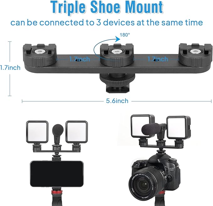ChromLives Triple Cold Shoe Extension Mount Hot Shoe Base Adapter Extension Bar Bracket with 1/4 Screw for Tripod/Microphone/LED Light Compatible with Canon Sony Cameras…