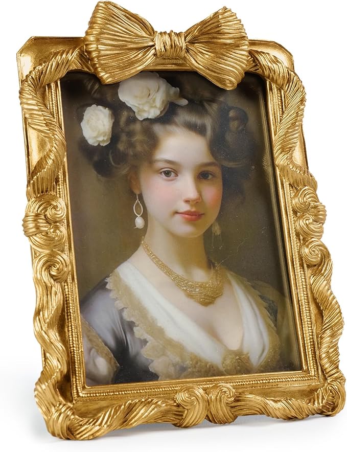 Cuspin 5x7 Picture Frame Gold Bow Frames, Vintage 5 by 7 Photo Frame with Bowknot Design, Ornate Handcrafted Resin Antique Frame with Glass Front for Wall and Tabletop Display, Home Decor, Gift Ideas