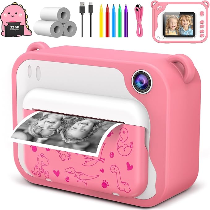 Kids Instant Print Camera for Toddlers - Ink Free Printing, Dinosaur Design, Perfect for Boys & Girls Aged 3-12 (Pink)