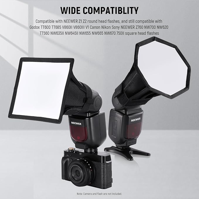 NEEWER Upgraded Flash Diffuser Speedlight Softbox Collapsible 2 Pack, (5.9"/15cm Octagon, 6"x5" Rectangular) for Z2 Z1 V1 Round Head Flashes and Compatible with Godox Sony Nikon Canon Flash, NS5P