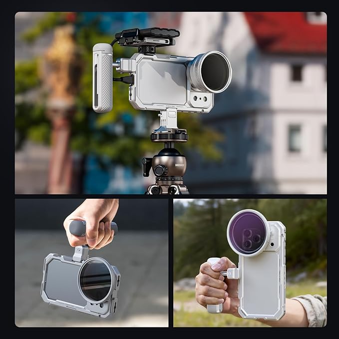 NEEWER Phone Cage Kit Compatible with iPhone 17 Pro Only, Video Rig Stabilizer Accessories with 67mm Filter Ring, 17mm & T Mount Lens Backplates, Quick Release Bluetooth Handle, PA143 (Silver)