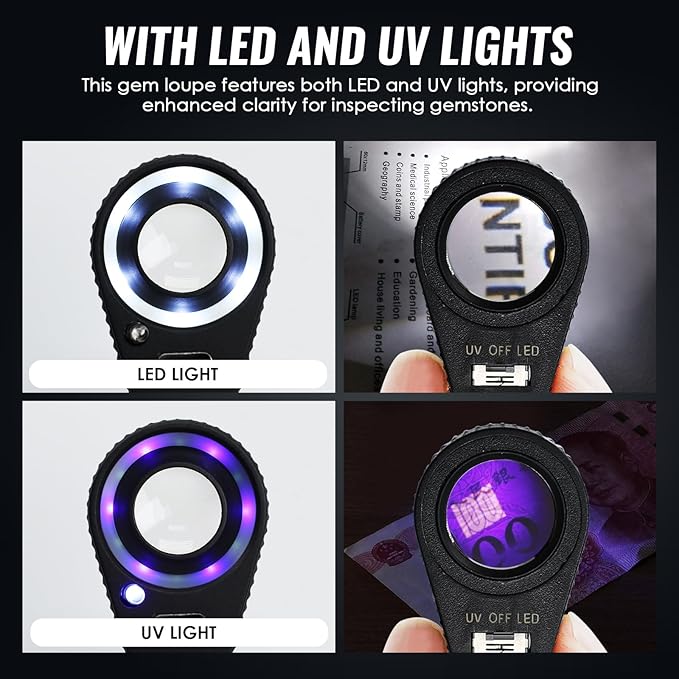 10x Jewelers Loupe Magnifier with UV & LED Lights, 22mm Triplet Lens Rechargeable Jewelers Loupe Foldable Jewelry Magnifier Portable Jewelry Magnifier Inspection Loupe for Gems, Jewelry, Coins, Rocks
