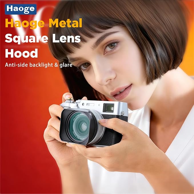Haoge LH-X200B Square Metal Lens Hood with 49mm Adapter Ring Metal Cap for Fujifilm X100VI x-100vi x100v x100f x100t x100s Fuji Photo Camera Accessories Black