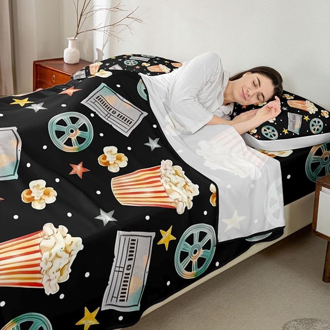 Erosebridal Vintage Cinema Theme Bed Sheets Set Twin Size for Kids Boys Girls,Movie Ticket Popcorn Sheet Set,Film Reel Sheets,Grey Yellow Stars Flat Fitted Sheet with 1 Pillowcase Deep Pockets