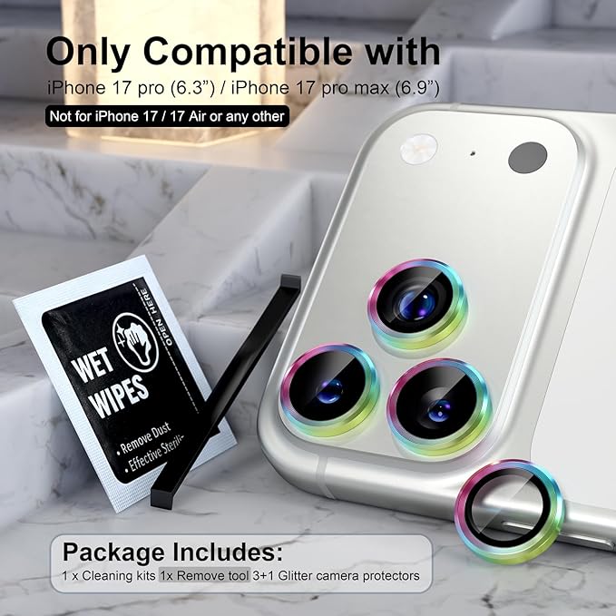 Choiche Compatible for iPhone 17 Pro/iPhone 17 Pro Max Camera Lens Protector, 9H Tempered Glass Camera Cover Screen Protector Metal Ring Decoration Accessories (Colorful)