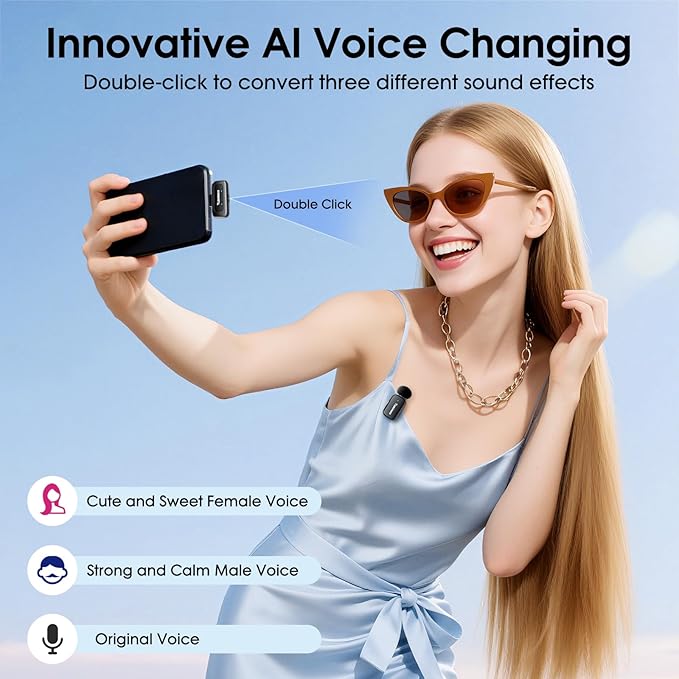 Mini Wireless Microphone for iPhone Android Tablets, Lapel Mic with Noise Reduction, 30h Charging Case, 3 Voice Changer, Plug & Play Mini Mic for iPhone Vlogging, Video Recording, Podcast
