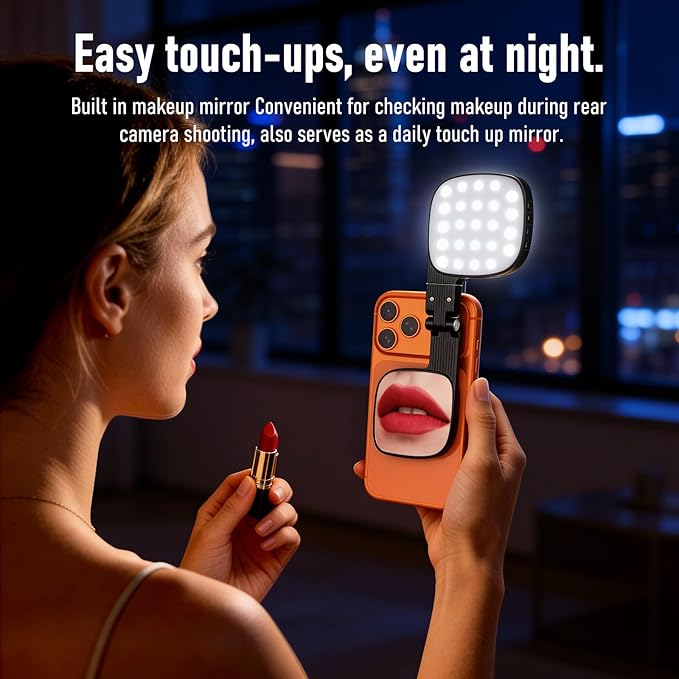 Magnetic Selfie Light with Mirror, 360° Adjustment, Portable Mini LED Phone Fill Lighting, Phone Mirror with Lights for Selfie, Makeup, Video Conference, TikTok (Black)