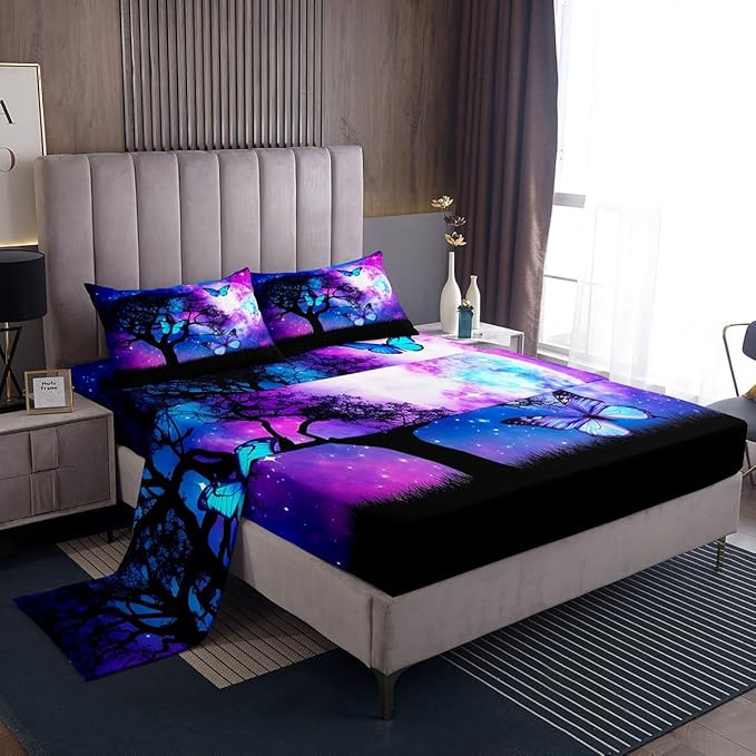 Blue Butterfly Twin Bedding Sets for Girls Purple Starry Sky Bed Sheets Cute Butterfly Print Sheet Set Gradient Galaxy Fitted Sheet Dream Themed Sheets for Boys Teen Kids Lovely Insect Decor Bed Set