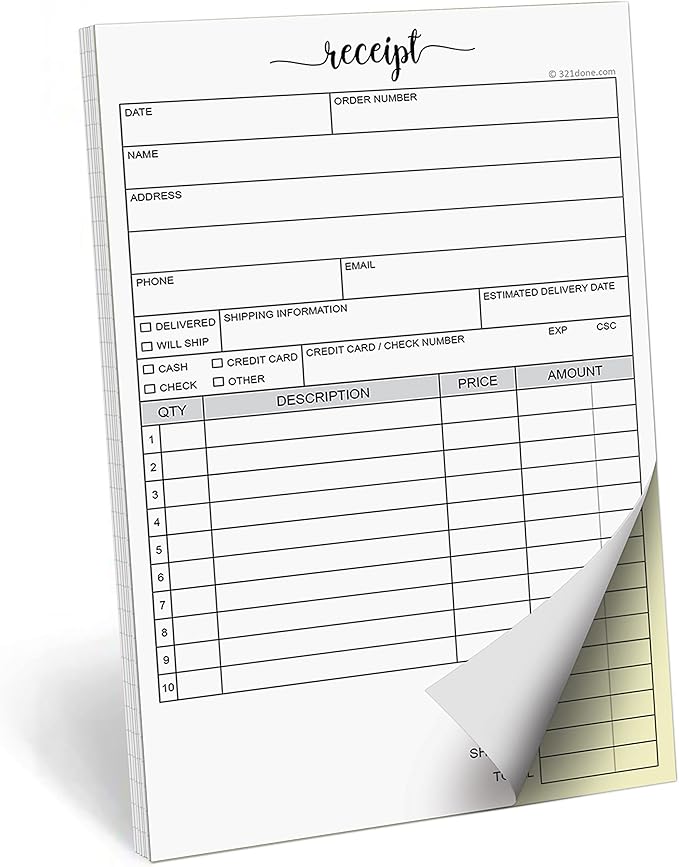 321Done 2-Part Carbonless Receipt Pad 5.5x8.5, Made in USA, Carbon Duplicate Copy Sales Order Form, Invoice Booklet, Cute Convenient for Small Boutique Business (50 Sets) White/Yellow