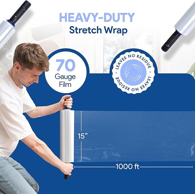 International Plastics Co. 70 Gauge 15" Plastic Stretch Film/Wrap with Extended Handles 1000ft Clear Moving Industrial Packing Heavy Duty Shrink Cling Durable Furniture (Extended Handles, 4 Pack)