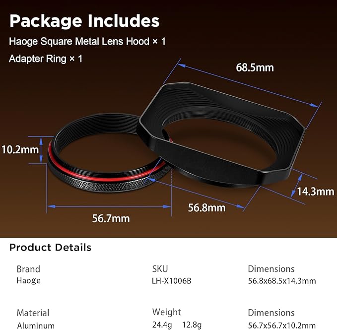 Haoge Square Metal Lens Hood with 49mm Uv Filter Adapter Ring for Fujifilm X100VI Fuji X100V X100F X100T X100S X70 Fuji Photo Camera Accessories LH-X1006B Black