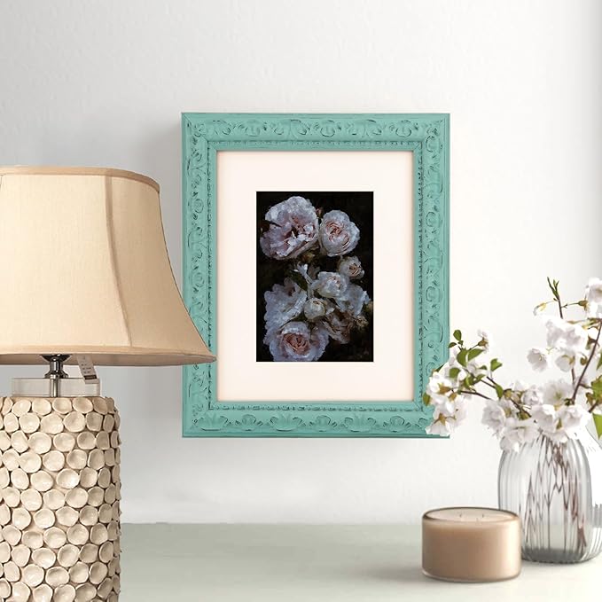 8x10 inch Distressed Wood Embossed Scroll Motif Vintage Antique Rustic Picture Frame, White Mat for 5x7 in Photo, Art Print Drawing, Wall Hanging or Desktop Display-Turquoise Blue