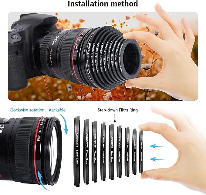 9 Pieces Step Down Ring,Camera Lens Filter Metal Filter Rings Compatible All Brands UV ND CPL (49-40.5mm,52-49mm,55-52mm,58-55mm,62-58mm,67-62mm,72-67mm,77-72mm,82-77mm)