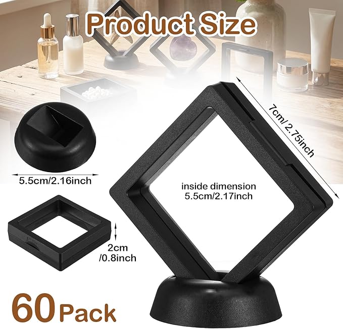 60 Pcs 3D Floating Display Case, Plastic Coin Holder with Stand for Challenge Coins, Medallions, Jewelry, Rocks and Specimens, 2.76x2.76x0.79 Inch Protective Frame, Black