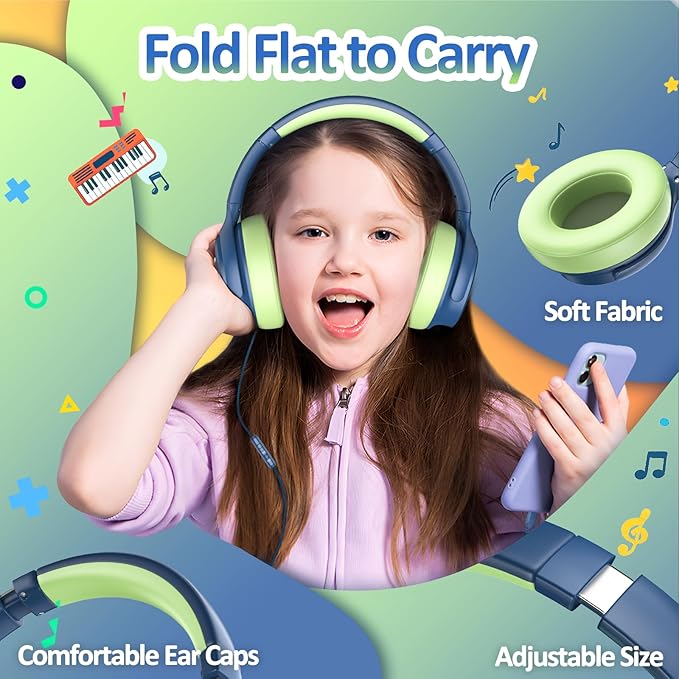 INFURTURE Kids Headphones Over-Ear with Microphone - Wired USB-C Headphones for Children, Active Noise Cancelling, 85/94dB Volume Limiting Safe Headset for School, Travel, Boys & Girls