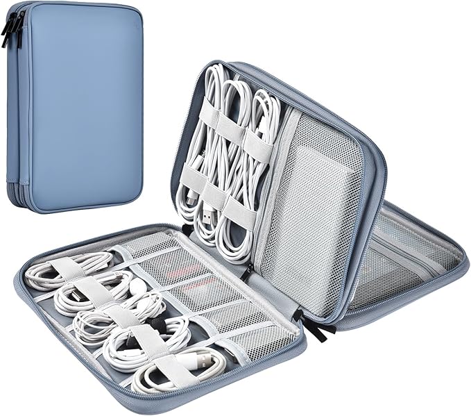 Leather Cord Organizer Travel Waterproof Travel Cable Organizer Bag Portable Tech Organizer Travel Case for Charger Electronic Accessories(Gray&Blue, Double Layer-Small)