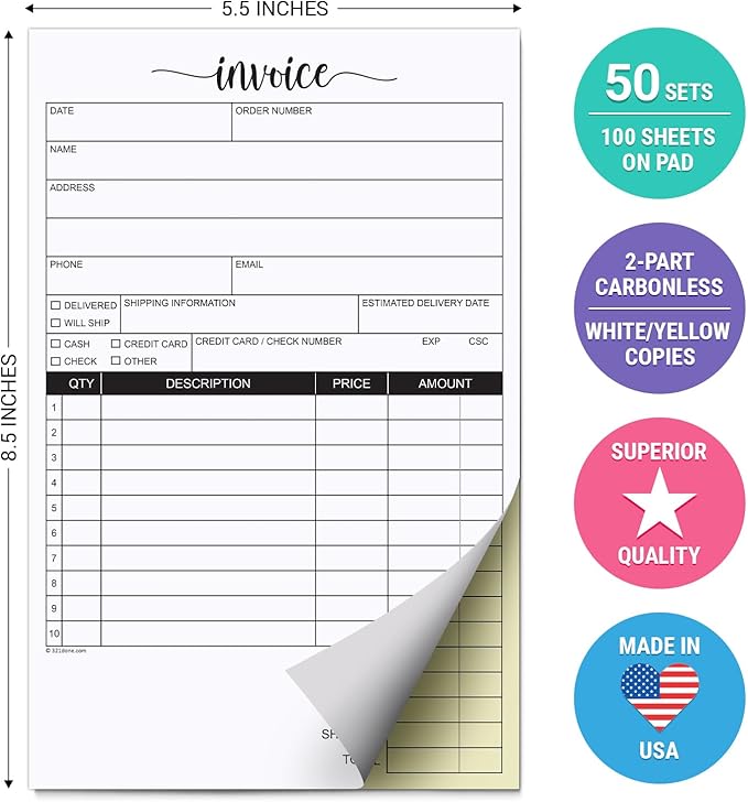 321Done Invoice Pad, 5.5x8.5 Small 2-Part Carbonless, Made in USA, Carbon Copy Sales Receipt Book Purchase Order Form for Small Boutique Craft Business (50 Sets) White/Yellow, Thick Paper
