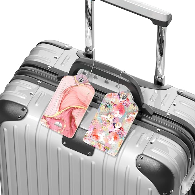 4 Pack PU Leather Luggage Tags for Suitcase, Travel Cruise Luggage Tag with Privacy Flap, Name ID Label and Metal Loop for Women Men Baggage Handbag School Bag Backpack, Daisy Flowers