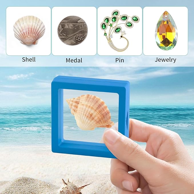 20 Pcs Seashell Holder, 3D Floating Display Box 2.7 x 2.7 Inches, Transparent Display Case for Sea Shell Collectibles, Jewelry, Rings, Crystal, Badges, Coastal Decor (Blue White Mint Sky Blue)
