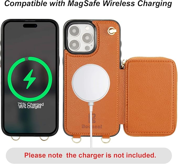 Bocasal for MagSafe Crossbody Wallet Case Compatible with iPhone 15 Pro Max, RFID Blocking Protective Purse Case with Card Slots Holder Kickstand Wrist Strap Lanyard Zipper 6.7 Inch 5G (Brown)