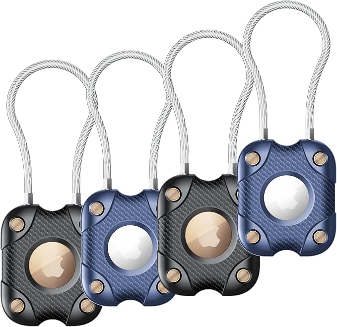 4 Pack Airtag Holder with Wire Cable, Secure Lock Airtag Keychain,IPX7 Waterproof,360°Hard Protective Air Tag Case Holder for Apple Air tag for Key Chain,Key Ring,Car,Luggage