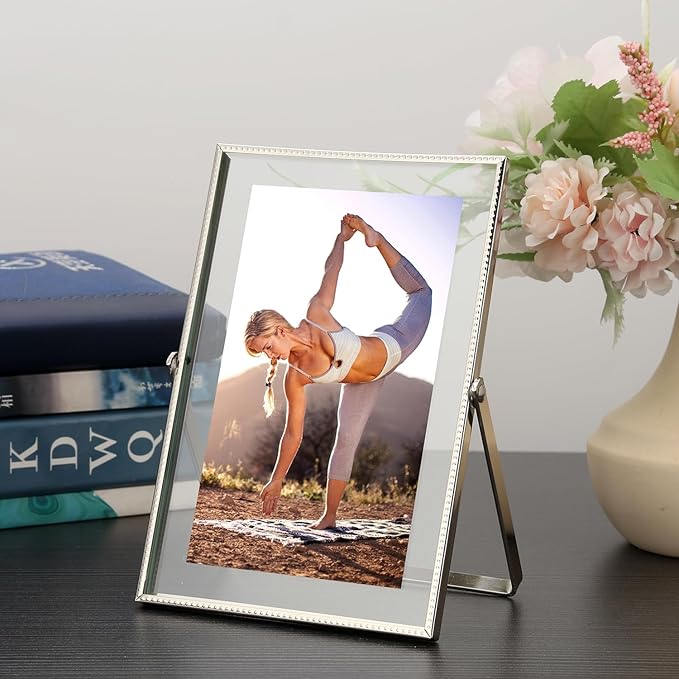 Silver 4x 6'' Floating Frame Set of 2, For Photo Sizes (2x3'', 3.5x 5'' up to 4x6'' ), Beautiful Metal Lace Edge Frames Adjustable Tabletop/Shelf Photo Frame, Classy Gift Choice for Wedding,