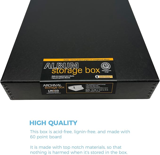 Lineco 12x12 Archival Scrapbook Storage Box, Acid Free Drop-Front Box with Removable Lid. Preserves Photos, Documents, Crafts, Cards, Magazines, Prints, Albums and Paper Projects, Black