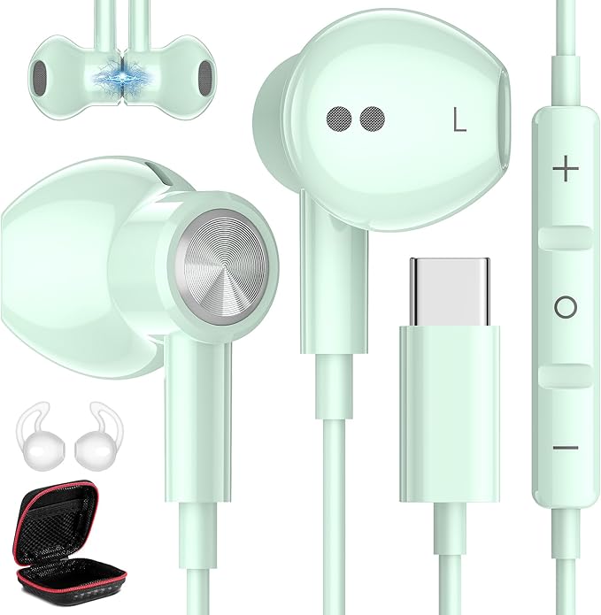 USB C Headphones for iPhone 17 Air 16 Pro Max 15, Type C Earphones with Microphone Magnet HiFi Stereo Wired Earbuds for Samsung Galaxy S26 S25 Ultra S24+ 23 A53 S21 S20 FE Flip 7 6 5/Pixel 10, Green