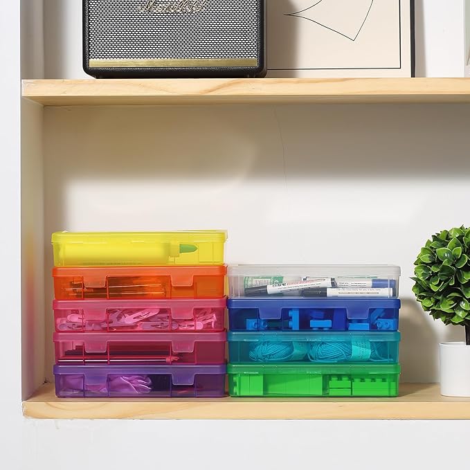 novelinks Medium Plastic Storage Boxes with Latching Lids – 9 Pack Stackable Craft Organizers for Supplies, Pencils, Crayons, Beads, Stationery & Classroom Use(9 Pack Medium -Color)