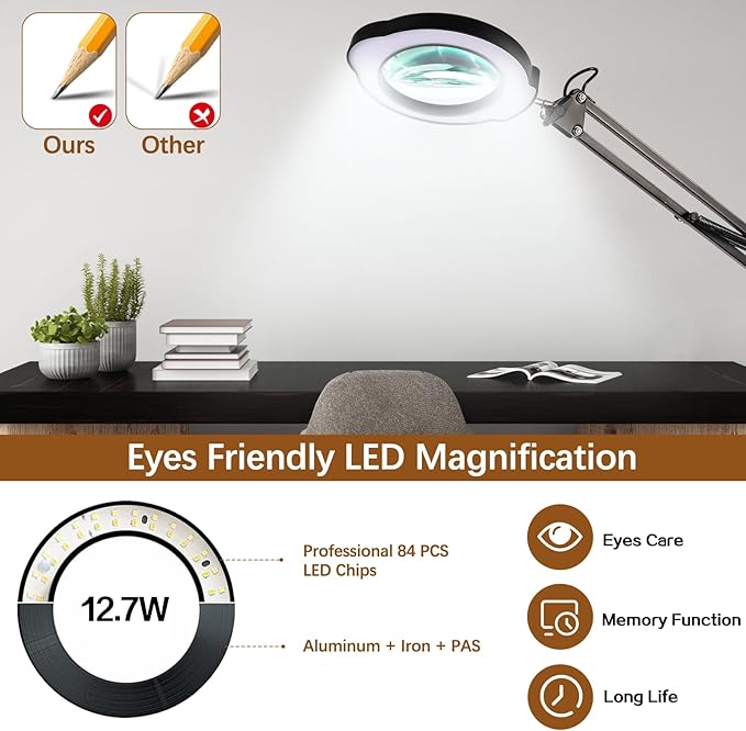 VUEJIC 12X Magnifying Glass with Light and Clamp, Magnifier with Light Hands Free,84 LEDs Real Glass Lens Magnifying Lamp for Close Work, Repair, Reading, Craft (Black 2)