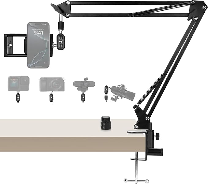 30" Magic Arm Holder w Clamp - Overhead Phone Mount for Desk, Smooth 360° 1/4" & 5/8" Thread Webcam Stand for Phone, Tablet, Webcam, Mic, Camera - Content Creators & Streaming