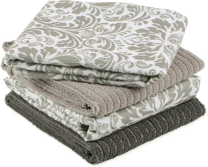 DII Cleaning Collection Multi-Purpose Microfiber, Gray Damask, Dishtowel Set