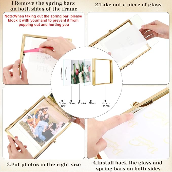 Hoteam 16 Pcs Gold Floating Frames 4 x 4 Inches Glass Photo Frames Vertical Vintage Metal Picture for Wedding Photo Picture Mounting Tabletop Display Office Decor(Gold)
