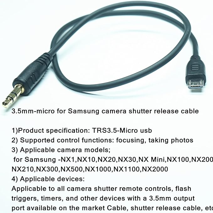 (SR2NX2) 3.5 mm - Micro USB is Suitable for The Samsung Camera Shutter Release Cable NX1,NX10,NX20,NX30,NX Mini,NX100,NX200,NX210,NX300,NX500,NX1000,NX1100,NX2000 (3.5mm-Micro Cable)