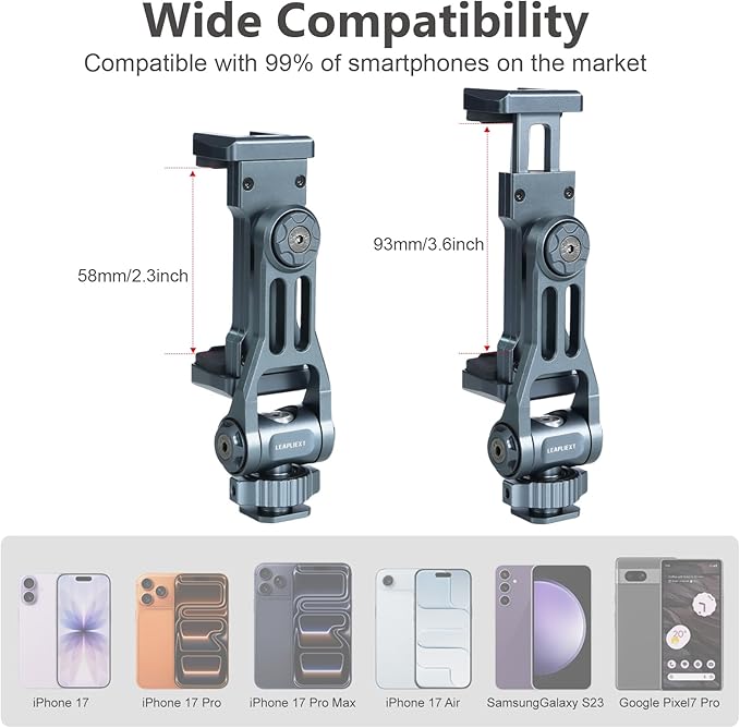 Metal Phone Camera Tripod Holder, 360° Rotatable & 180° Vertical Adjustment, Cold Shoe and 1/4" Thread Port, Compatible with iPhone17Pro Max 16 15 14 and Samsung Phones, Selfie Stick & Camera Cage。