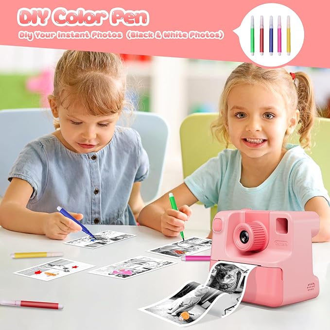 Instant Print Camera for Kids, 1080P Kids Instant Cameras,HD Selfie Digital Video Cameras Toddler 3 Rolls Print Paper & 32G Card,Christams Birthday Gifts for Girls Boys Age 5 6 7 8 9 10