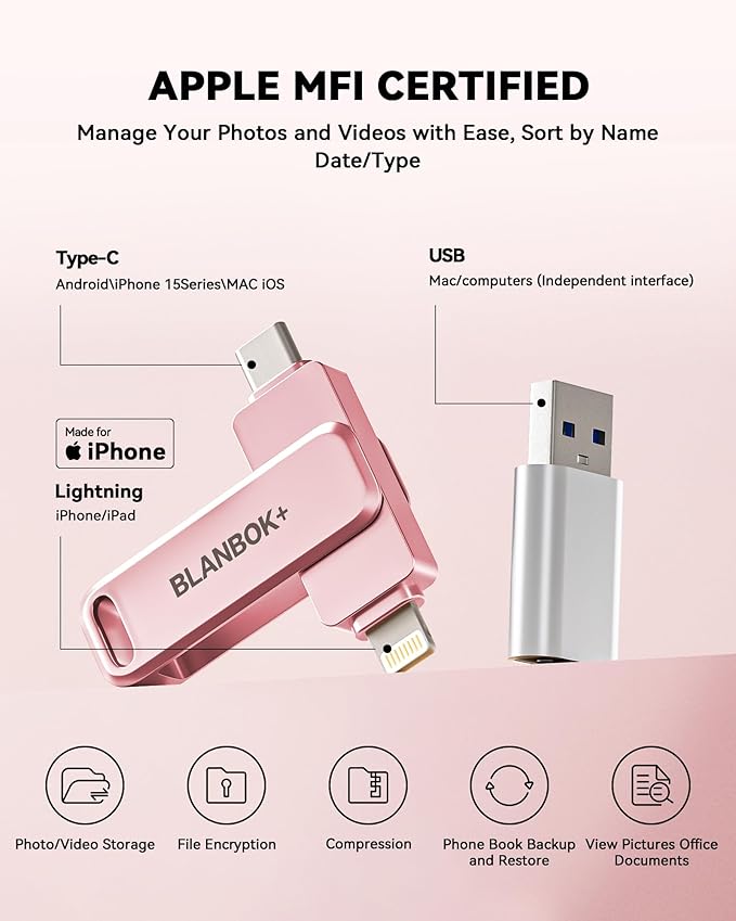 BLANBOK+MFi Certified 512GB iPhone Photo Stick, USB Flash Drive for Photo/Video Backup, High-Speed Thumb Drive Compatible for iPhone/iPad/Android/PC (Pink)