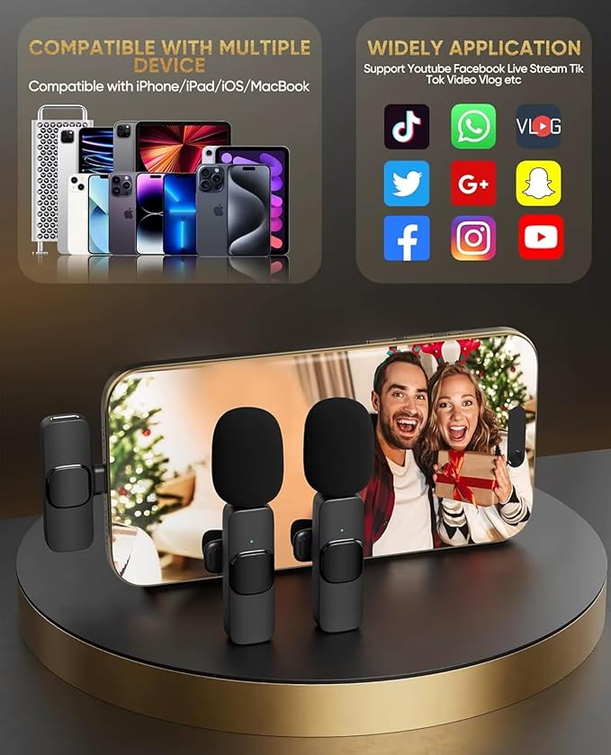 SAKHAR Wireless Lavalier Mic for iPhone & Android USB-C, Dual Clip-On Lapel Mics with DSP Noise Reduction, Plug & Play, 2 Transmitters + Receiver for TikTok, YouTube, Interviews & Video Recording
