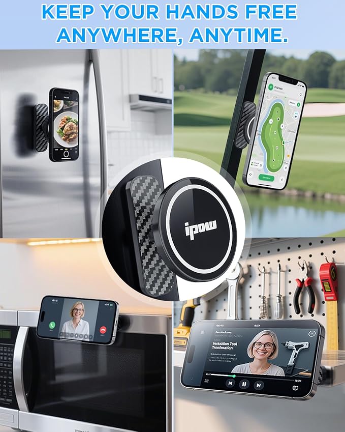 IPOW Magnetic Phone Holder for Gym with Dual Magnetic Mount, Alloy Base & 360° Ball Joint, Compatible with MagSafe iPhone 12-16 Series, Strong Grip on Metal Surfaces