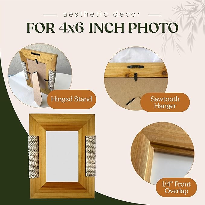 BoHo Wicker Accent Solid Wood Picture Frame for 4x6 Photo or Artwork - Bohemian, Coastal or Beach Style, Wall & Tabletop Decor Picture Frame, All Natural Wood & Seagrass - Golden Brown