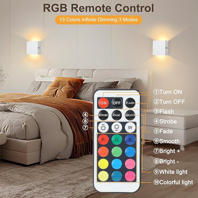 Lightess Rechargeable Wall Sconces with Remote Control Set of 2, Battery Wall Lights Colored, Dimmable LED Wall Lamp for Bedroom Living Room
