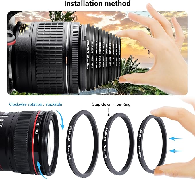 10 Pieces Step Down Ring,Camera Lens Filter Metal Filter Rings Compatible All Brands UV ND CPL (46-43mm,49-46mm,52-49mm,55-52mm,58-55mm,62-58mm,67-62mm,72-67mm,77-72mm,82-77mm)