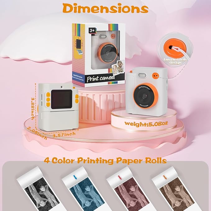 Kids Camera Instant Print, 1080P HD Dual-Lens Selfie Digital Camera with 5 Printing Paper Rolls & 32G TF Card, for Children, Portable Toddler Toy for Age 3-12 Boys & Girls (White)
