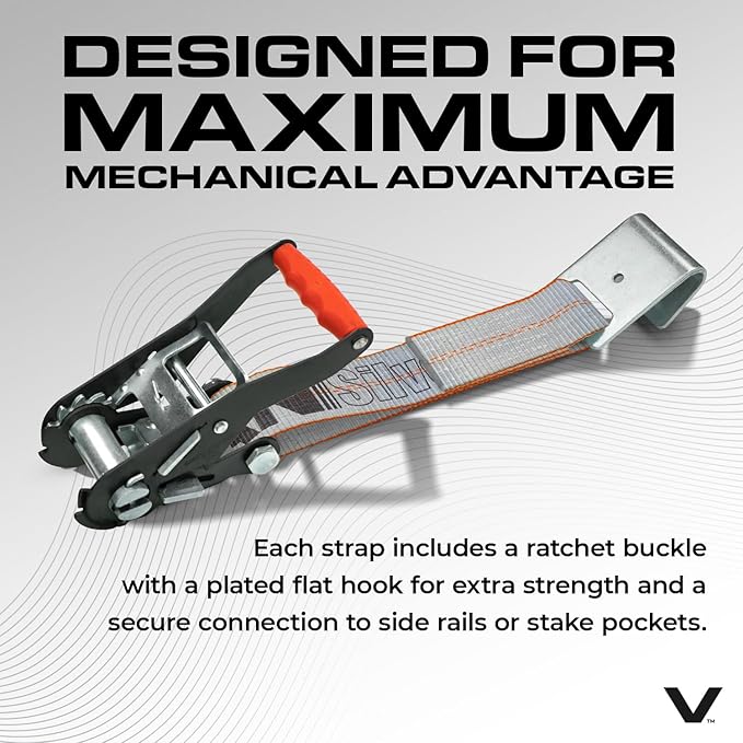 VULCAN Car Tie Down with Flat Hooks - Lasso Style - 2 Inch x 96 Inch - 4 Pack - Silver Series - 3,300 Pound Safe Working Load