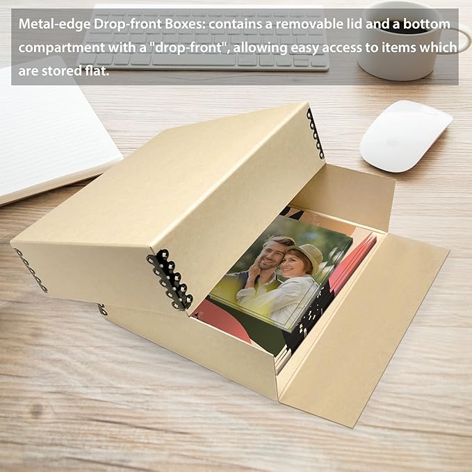 Golden State Art, Archival Storage Box, Acid-Free Drop Front Museum Box with Metal Edge for Storing Artwork Photos Documents Prints Arts And Crafts (Tan-9.75x12.75x 3 Inches)
