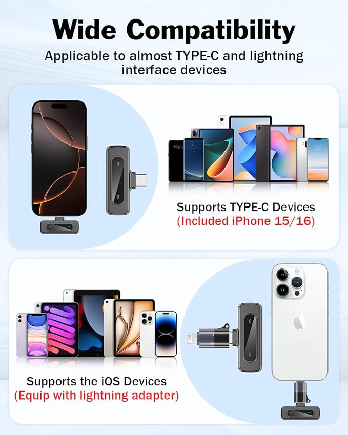 PoP Voice Mini Microphone for iPhone 16/15/14/iPad/Android, Wireless Lavalier Microphone with Magnetic Collar Clip, USB-C Mini Lapel Lav Mic with Noise Reduction for Vlog YouTube TikTok