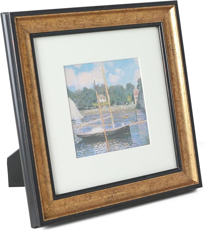 8x8 Real Wood Antique Gold with Dark Brown Trim Picture Frame - Easel Stand, Sawtooth Hanger Tabletop and Wall Hanging Display, Glass Cover, Matted for 5x5 Photos, Frinearts